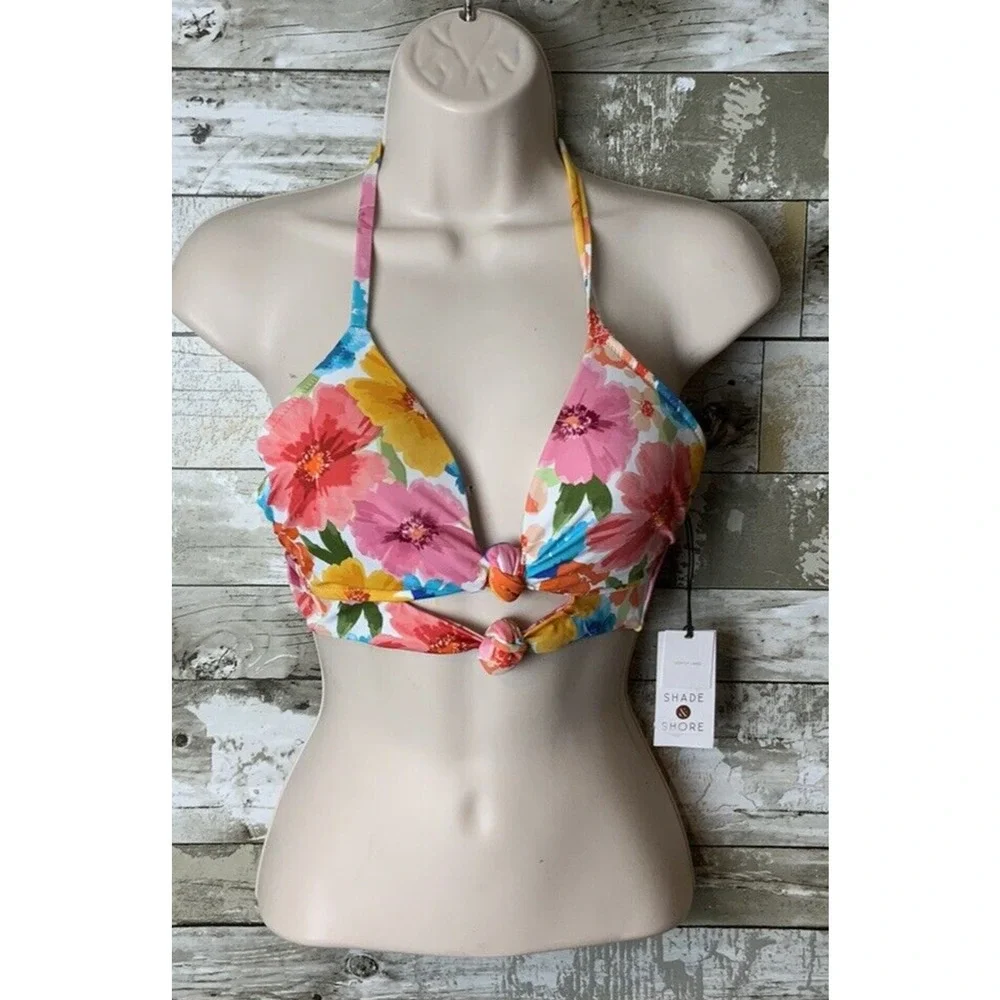 Shade & Shore Womens Floral Double Knot Halter Tie Bathing Suit Swimsuit Top 32B - Picture 1 of 3